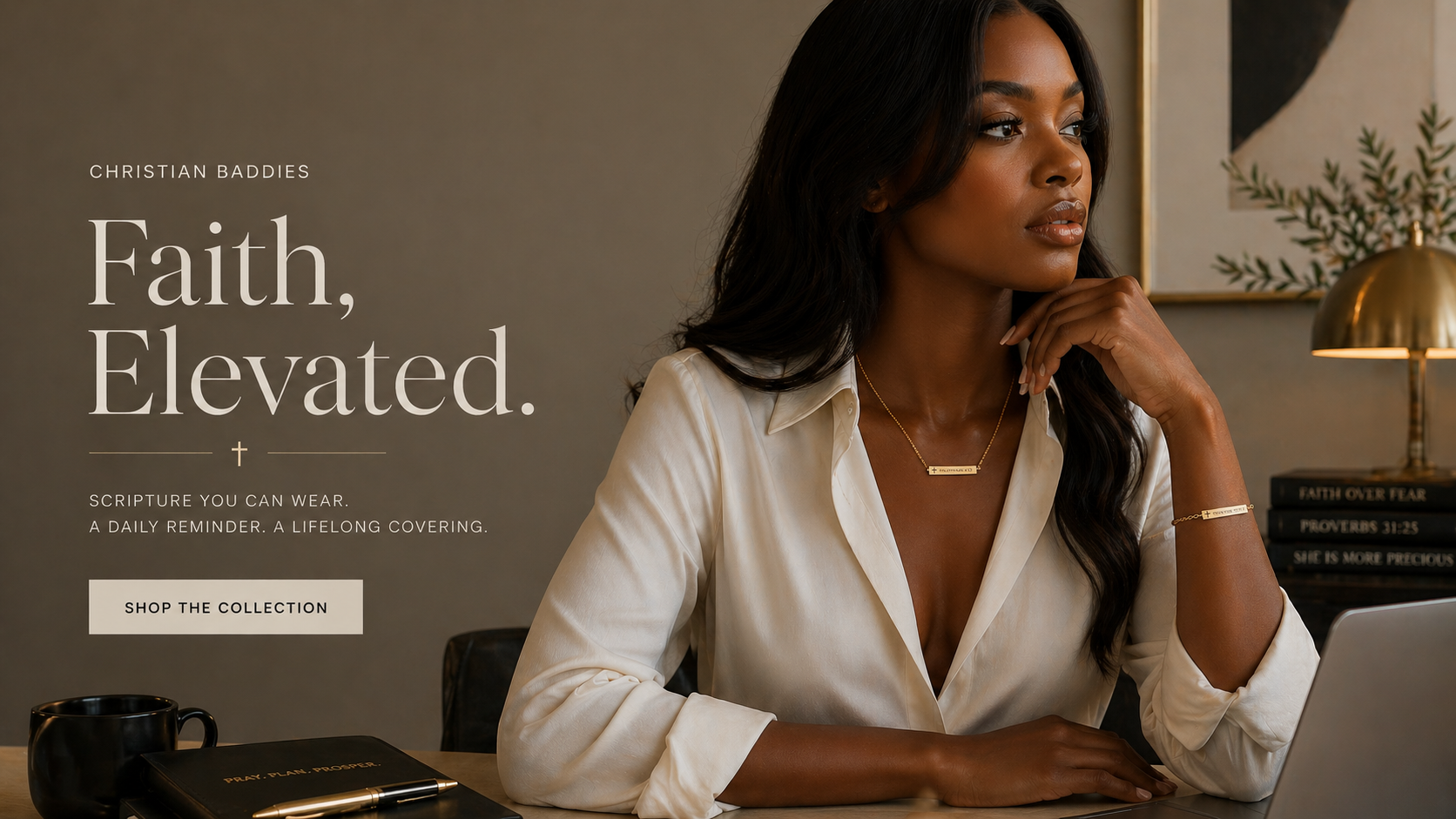 Woman sitting at a desk with text about 'Faith, Elevated' and a call to action to shop the collection.