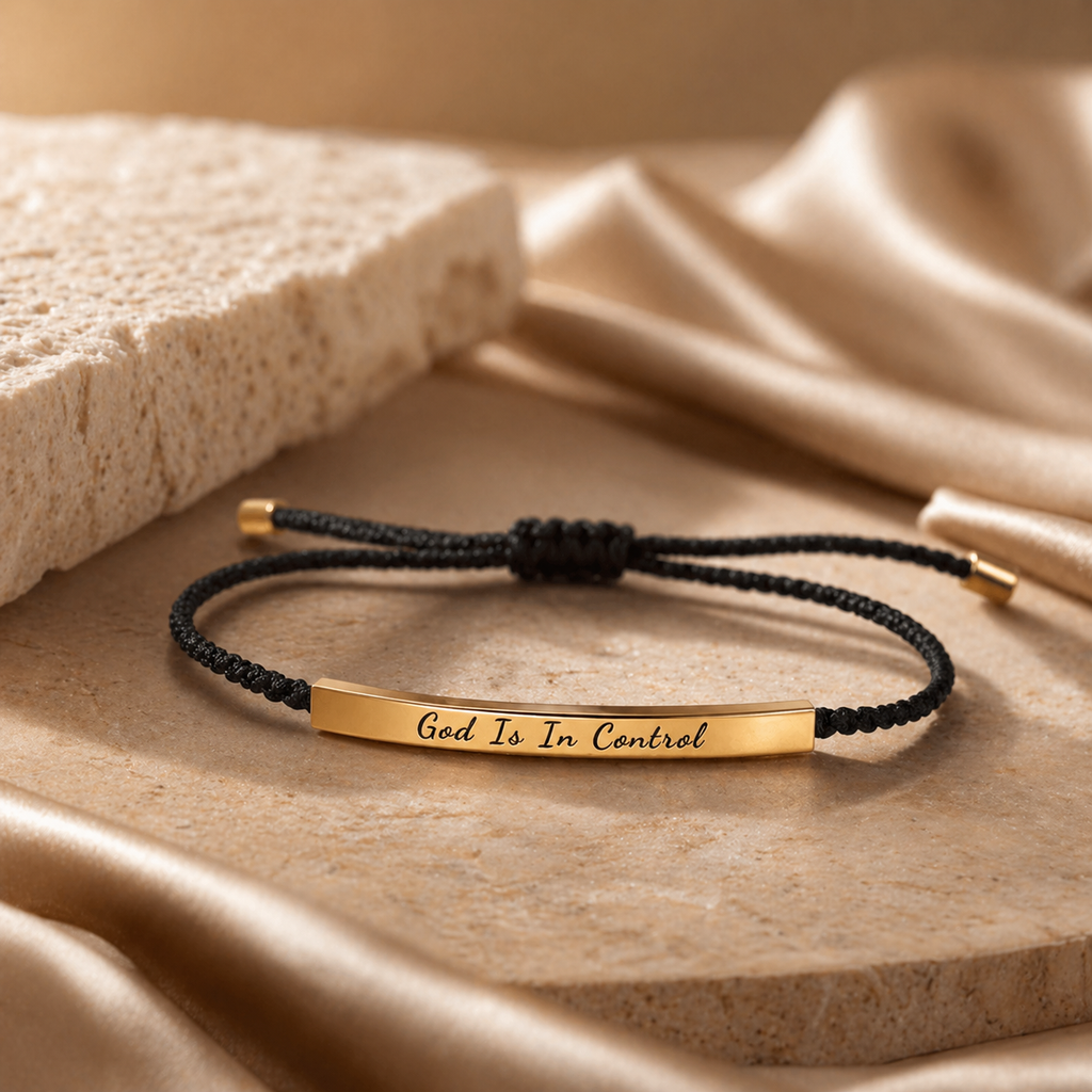 Black cord bracelet with gold bar and 'God Is In Control' engraving on a beige fabric background