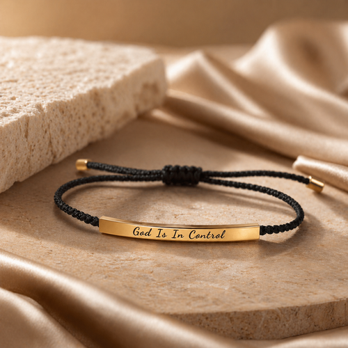 Black cord bracelet with gold bar and 'God Is In Control' engraving on a beige fabric background
