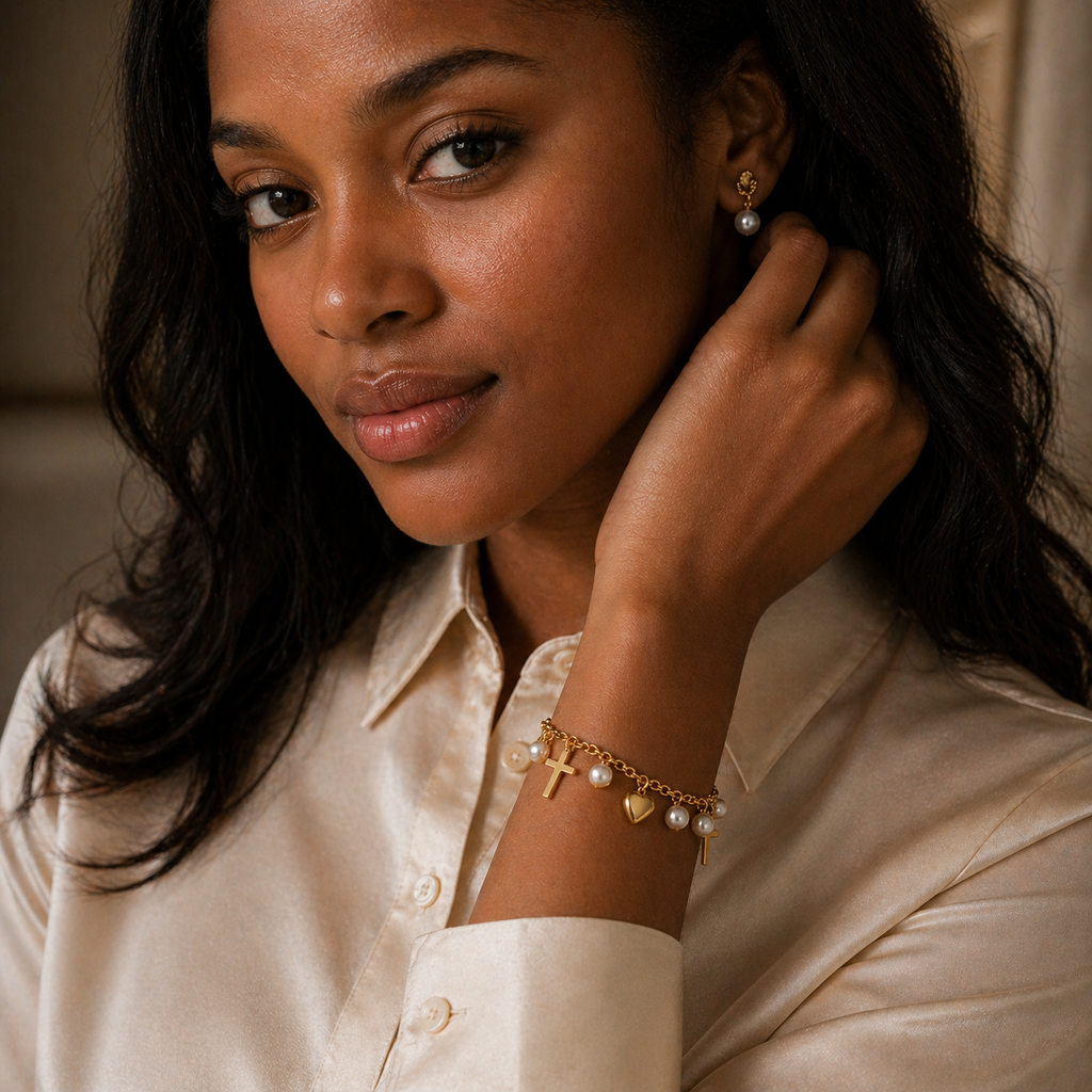 Woman wearing gold Prayers & Pearls Bracelet including earrings and bracelets, with a neutral background.